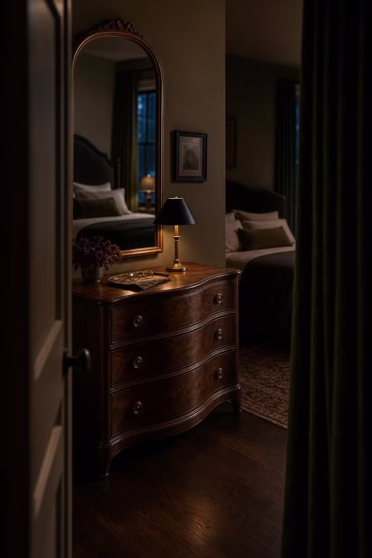 13 Moody Black Nouveau Bedroom Ideas Worth Trying Now 4 Serpentine walnut dresser with a gilt arched mirror above it seen through a bedroom doorway in moody low light.