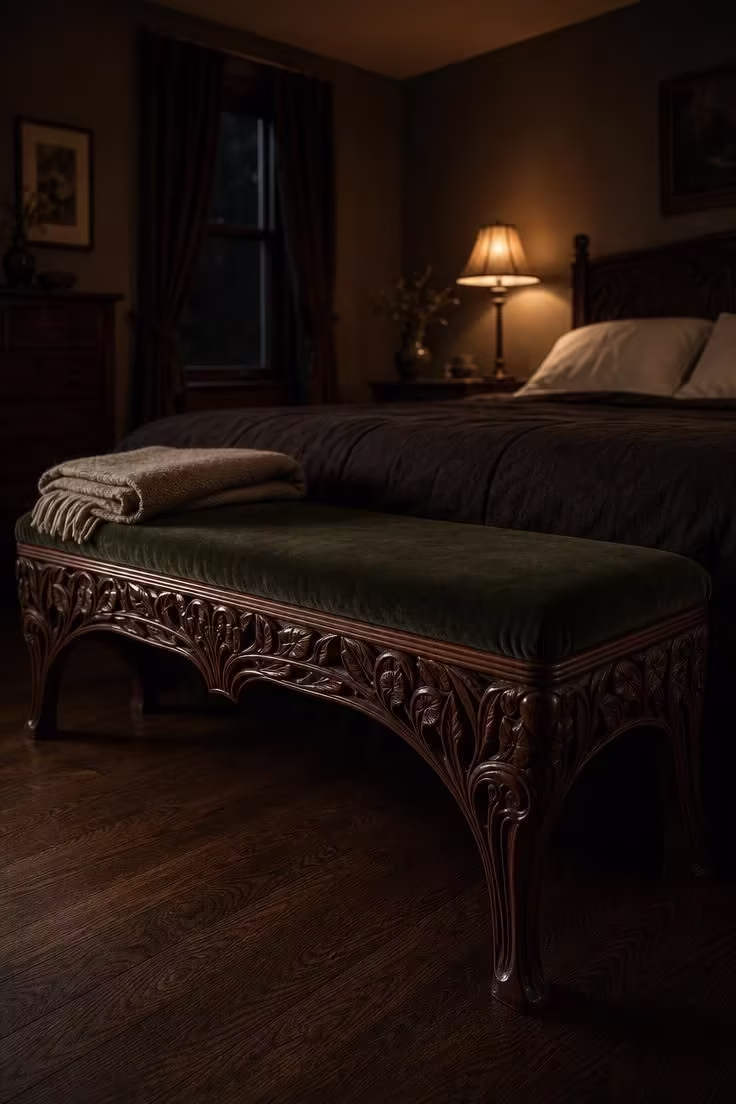 13 Moody Black Nouveau Bedroom Ideas Worth Trying Now 8 Carved rosewood bench with Art Nouveau leaf details and forest green velvet upholstery at the foot of a bed in moody low light.