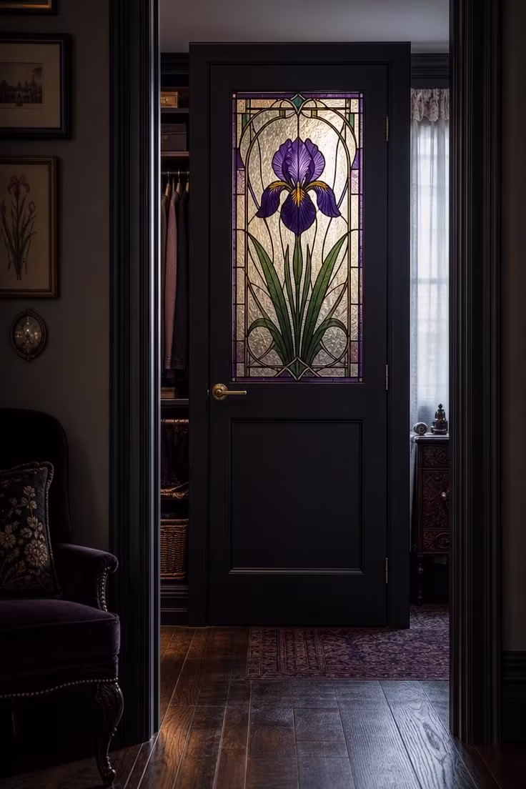 13 Moody Black Nouveau Bedroom Ideas Worth Trying Now 9 Stained glass panel with Art Nouveau iris pattern in violet and green set into a matte black closet door backlit by cool daylight.