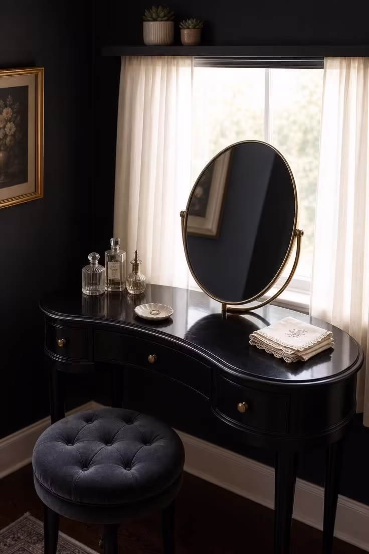 13 Moody Black Nouveau Bedroom Ideas Worth Trying Now 10 Black lacquer kidney-shaped vanity with a brass-rimmed oval mirror and charcoal velvet stool in bright midday light near a window.