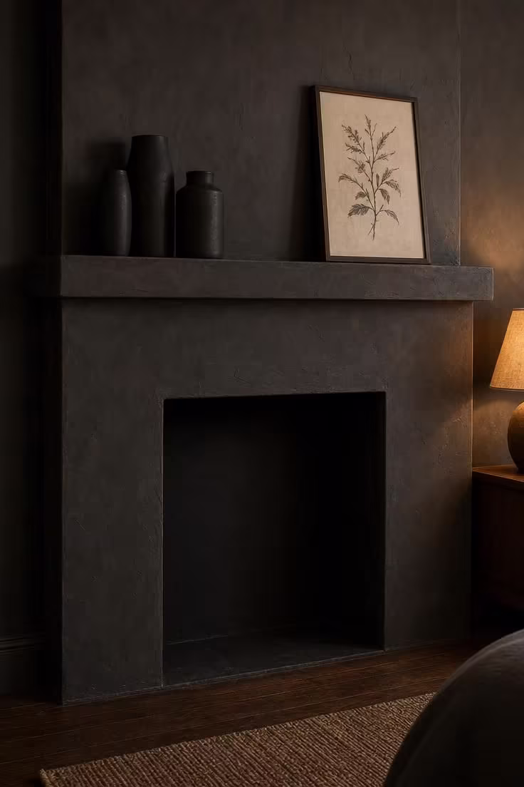 13 Moody Black Nouveau Bedroom Ideas Worth Trying Now 11 Close-up of a hand-applied charcoal plaster fireplace surround with matte black vases and a botanical ink drawing on the mantel.