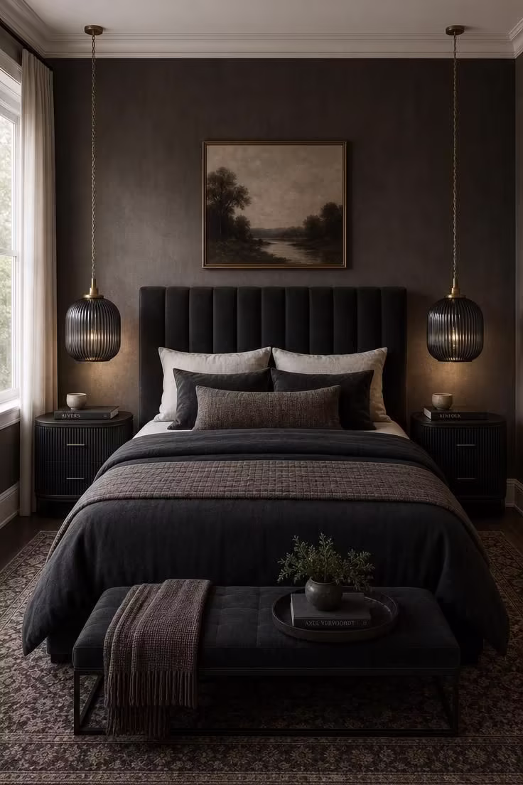 13 Moody Black Nouveau Bedroom Ideas Worth Trying Now 12 Two ribbed black glass pendant lights hanging over fluted ebonized nightstands flanking a dark upholstered bed in soft diffused light.
