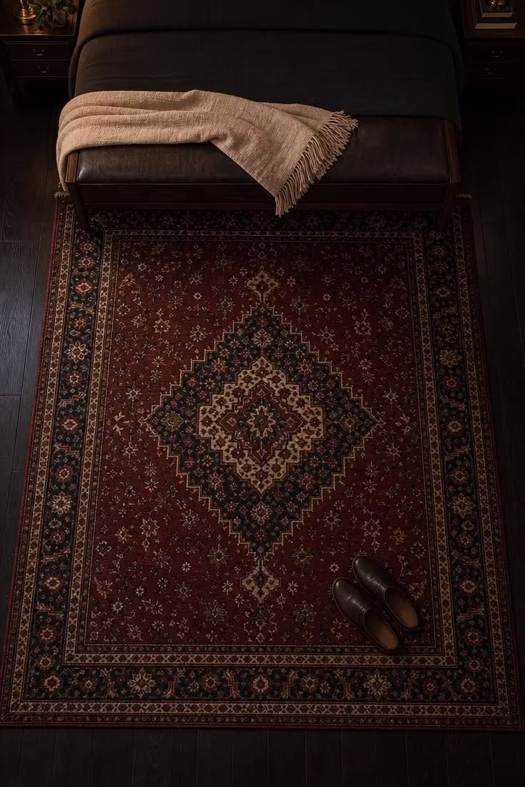 13 Moody Black Nouveau Bedroom Ideas Worth Trying Now 13 Overhead view of a deep burgundy Persian rug on dark ebonized oak hardwood flooring at the foot of a bed in moody low light.