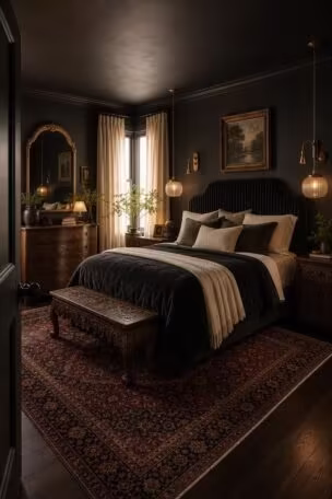 Full view of a black nouveau bedroom from the doorway showing a fluted headboard, brass sconces, arched mirror, Persian rug, and layered bedding in warm afternoon light.