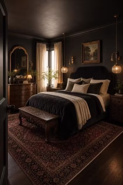13 Moody Black Nouveau Bedroom Ideas Worth Trying Now Full view of a black nouveau bedroom from the doorway showing a fluted headboard, brass sconces, arched mirror, Persian rug, and layered bedding in warm afternoon light.
