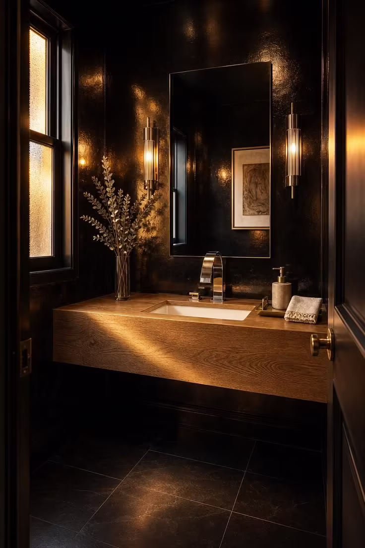 11 Bold Black Powder Room Ideas for a Moody Retreat 1 High-gloss black lacquer powder room with floating oak vanity and chrome waterfall faucet reflecting warm golden light