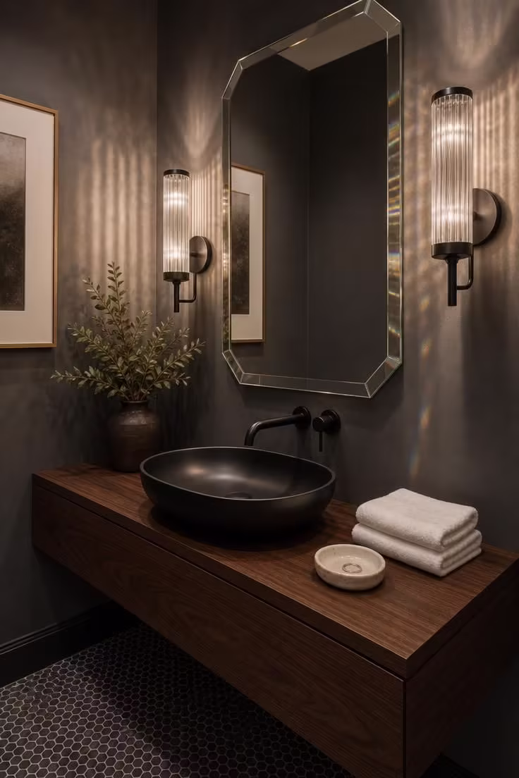 11 Bold Black Powder Room Ideas for a Moody Retreat 3 Black ribbed glass sconces flanking a frameless beveled mirror in a dark powder room with soft diffused lighting