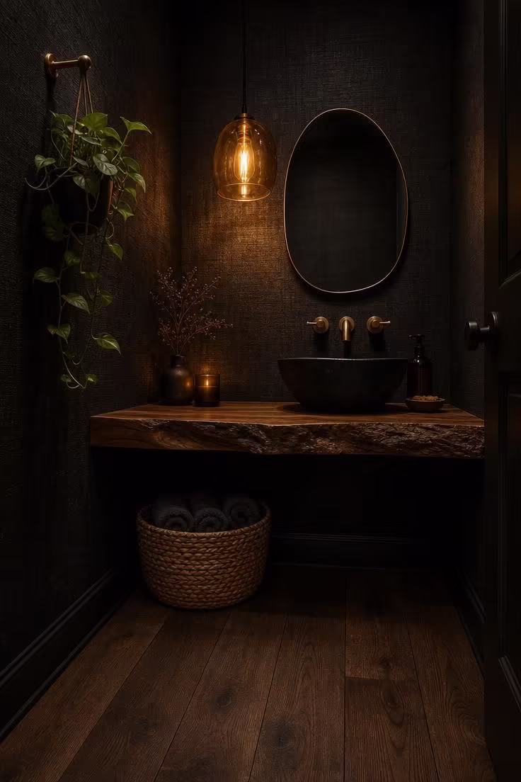 11 Bold Black Powder Room Ideas for a Moody Retreat 5 Black linen wallcovering powder room with live-edge walnut shelf and amber pendant light in moody low lighting