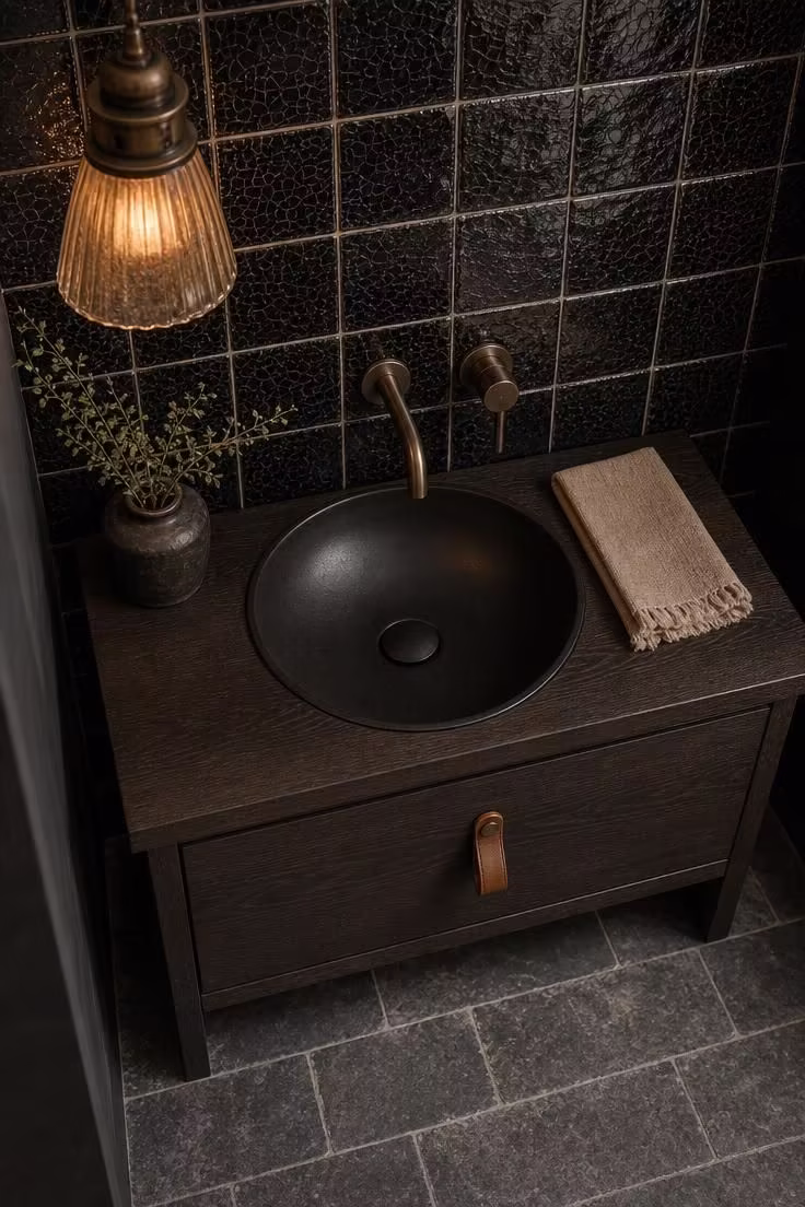 11 Bold Black Powder Room Ideas for a Moody Retreat 8 Black crackle-glaze ceramic tile powder room with antique bronze pendant and dark ash vanity in soft diffused light