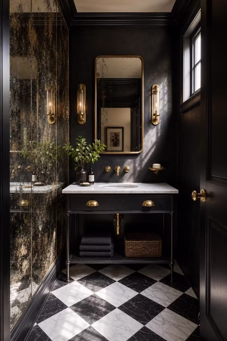 11 Bold Black Powder Room Ideas for a Moody Retreat 9 Satin black powder room with floor-to-ceiling foxed antique mirror panel and white marble vanity top in bright midday light