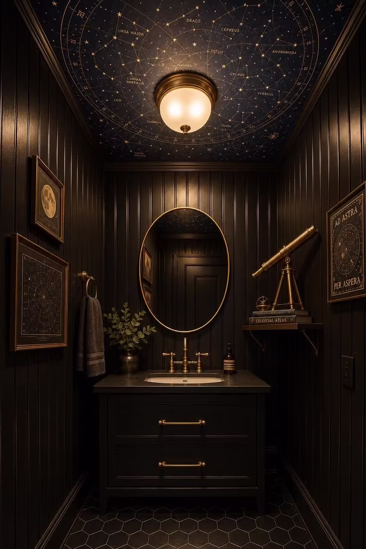 11 Bold Black Powder Room Ideas for a Moody Retreat 11 Black tongue-and-groove paneling powder room with celestial star-map ceiling wallpaper and brass fixtures in warm golden light