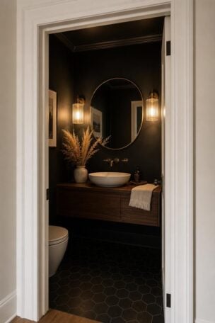 Cozy black powder room seen through white doorway frame with brass sconces, floating walnut vanity, and warm golden lighting