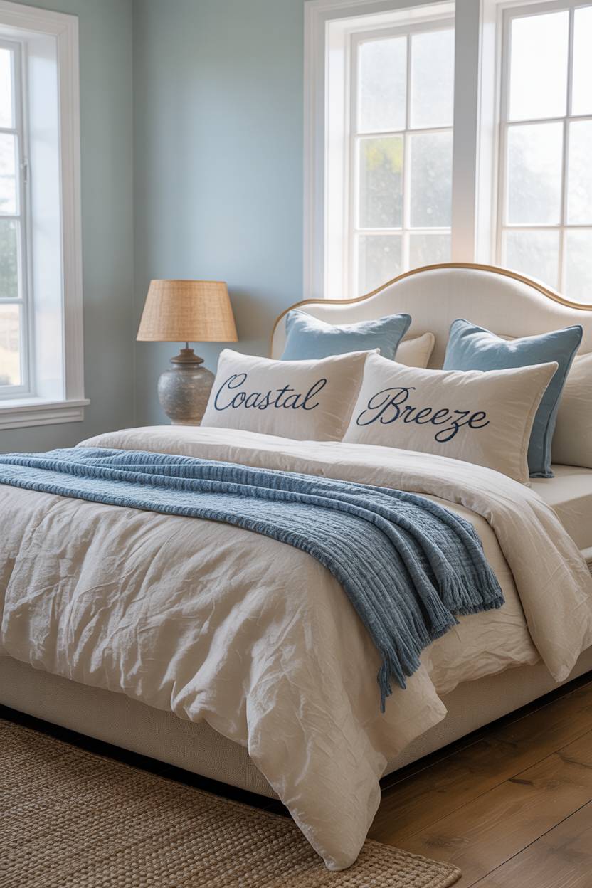 King-sized bed with cream linen bedding and blue throw blanket in light blue bedroom