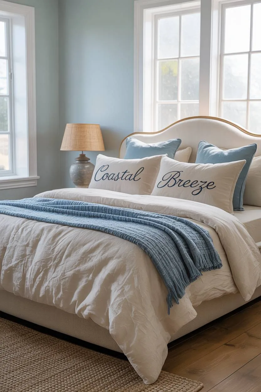 31 Blue and Cream Bedroom Ideas to Inspire Your Dream Space 1 King-sized bed with cream linen bedding and blue throw blanket in light blue bedroom