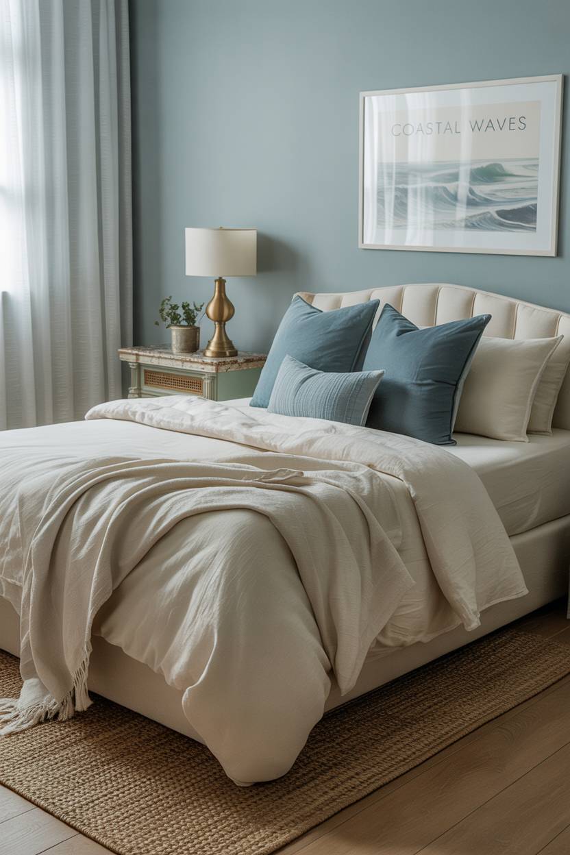 Blue and cream bedroom with king bed, vintage nightstand, and coastal wave artwork