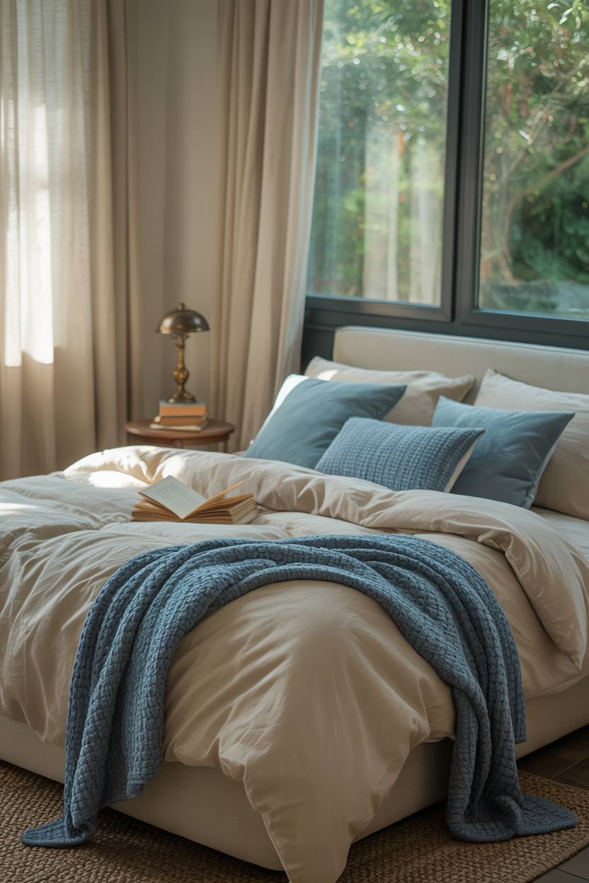 Cozy blue and cream bedroom with large window showing lush greenery outside