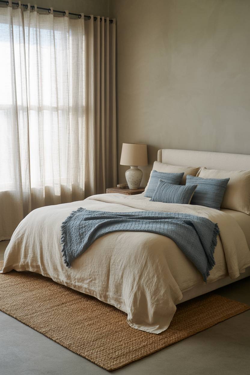 King bed with cream linens and blue throw in muted gray bedroom with seagrass rug
