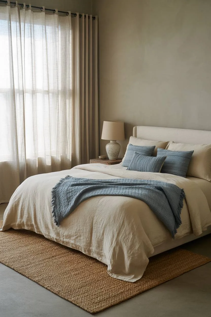 31 Blue and Cream Bedroom Ideas to Inspire Your Dream Space 4 King bed with cream linens and blue throw in muted gray bedroom with seagrass rug