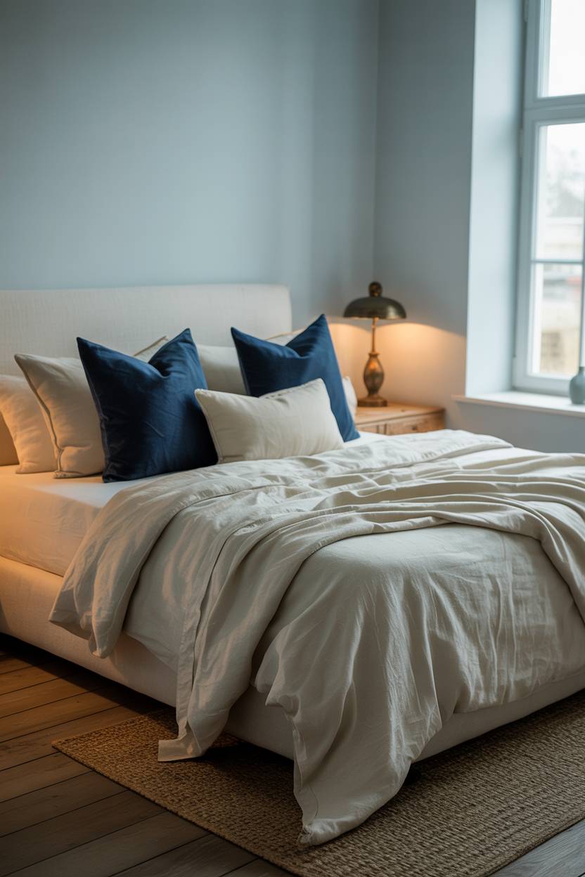 Blue and cream bedroom with navy throw pillows and wooden floors highlighted by natural light