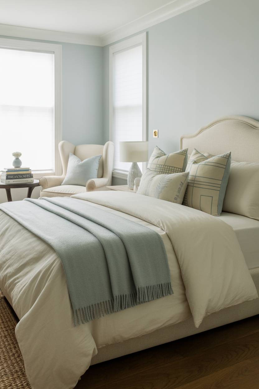 Bedroom with blue and cream palette featuring cozy reading nook with armchair and books