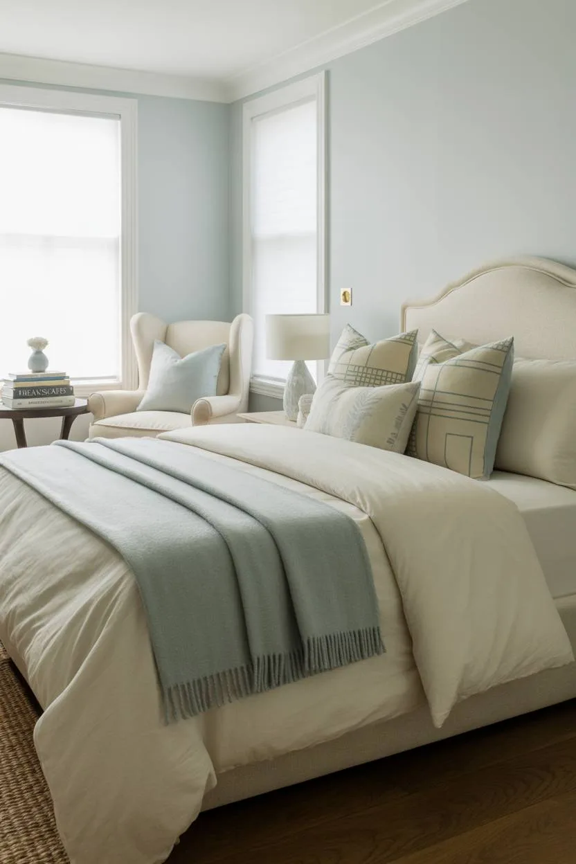 31 Blue and Cream Bedroom Ideas to Inspire Your Dream Space 6 Bedroom with blue and cream palette featuring cozy reading nook with armchair and books