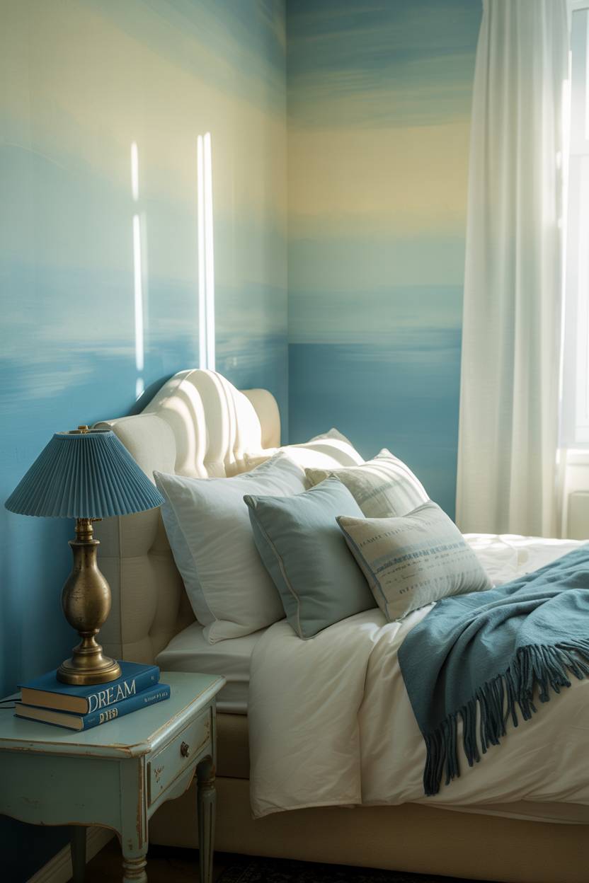 Bedroom with gradient blue and cream walls, antique nightstand, and vintage blue lampshade