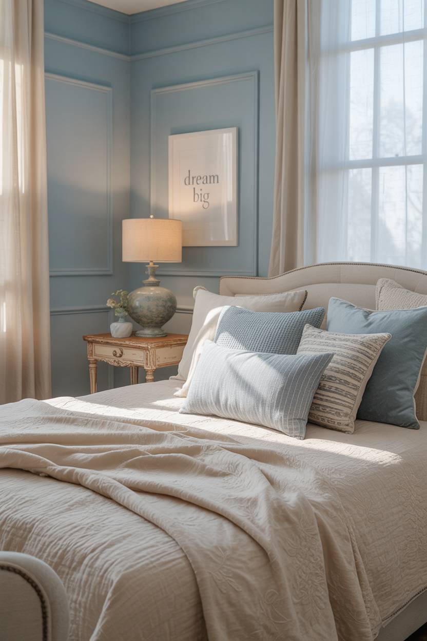 Queen bed with soft blue walls and cream duvet, vintage wooden nightstand with lamp