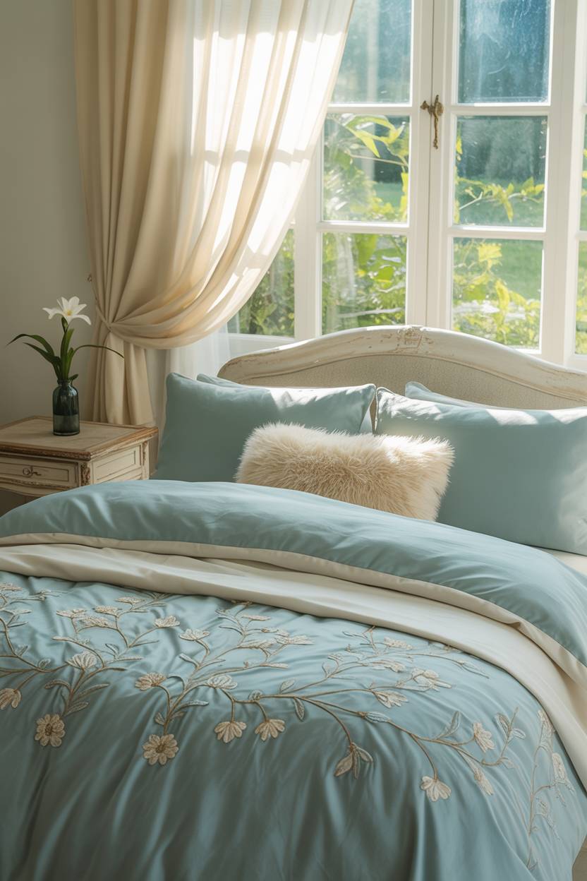 Bedroom with blue and cream floral bedding, sheer curtains, and garden view