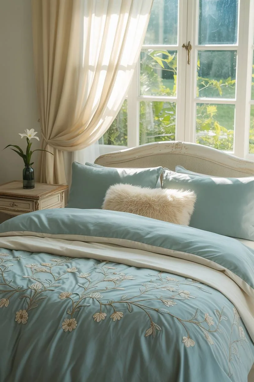 31 Blue and Cream Bedroom Ideas to Inspire Your Dream Space 9 Bedroom with blue and cream floral bedding, sheer curtains, and garden view