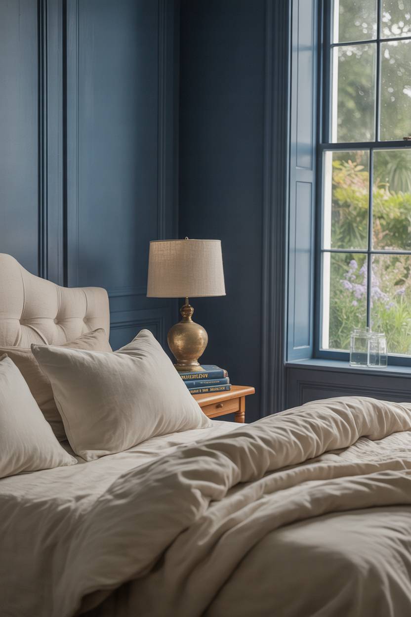 Navy blue bedroom walls with cream bedding and bedside table holding vintage lamp and books