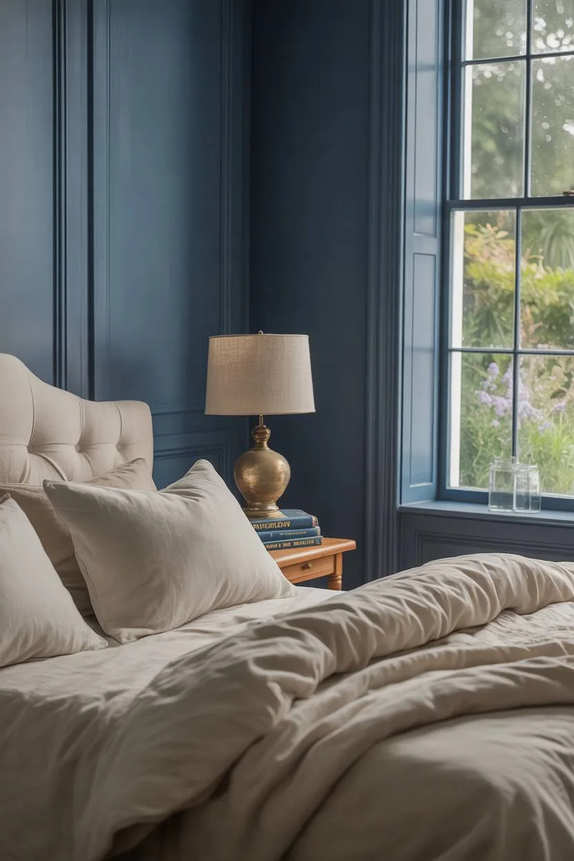 31 Blue and Cream Bedroom Ideas to Inspire Your Dream Space 10 Navy blue bedroom walls with cream bedding and bedside table holding vintage lamp and books