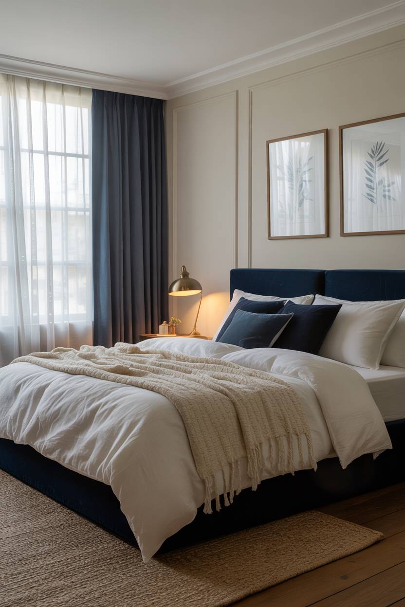 Navy and cream bedroom with brass reading lamp and botanical prints on cream walls