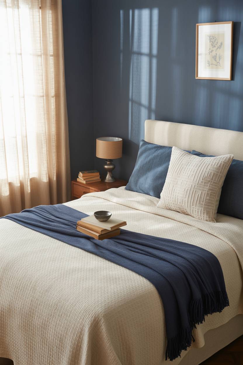 Queen bed with textured cream fabric and navy throw, geometric patterned pillows