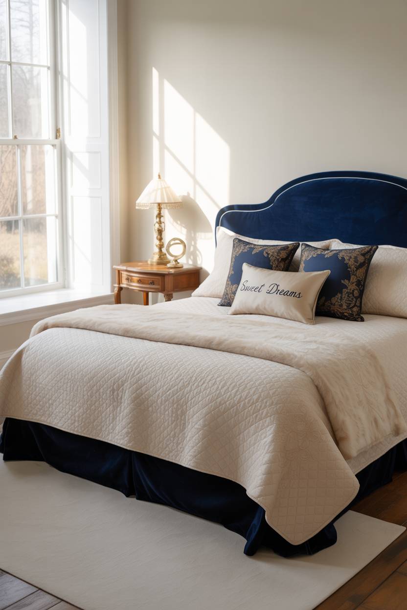 Luxury navy and cream bedroom with gold accent pillows and Sweet Dreams embroidered pillow