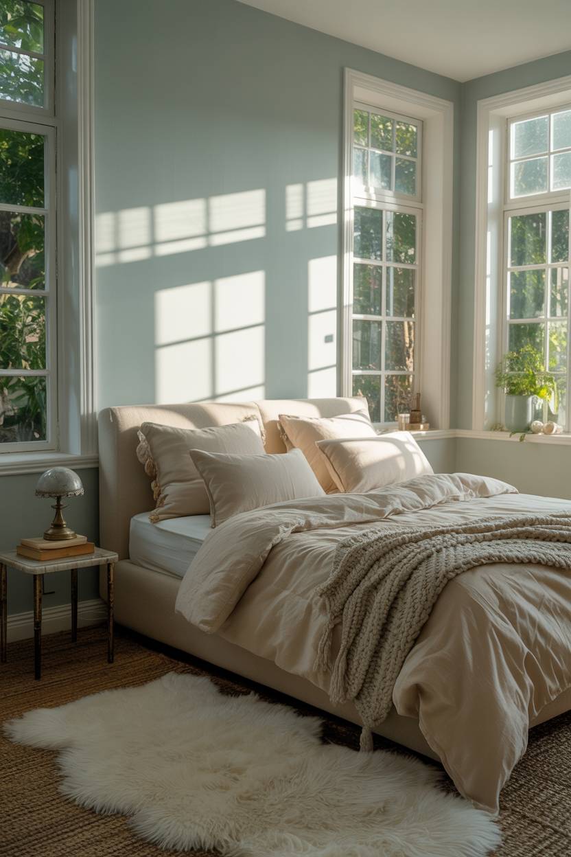 Light blue bedroom with cream bedding, vintage lamp, and shadows from window greenery