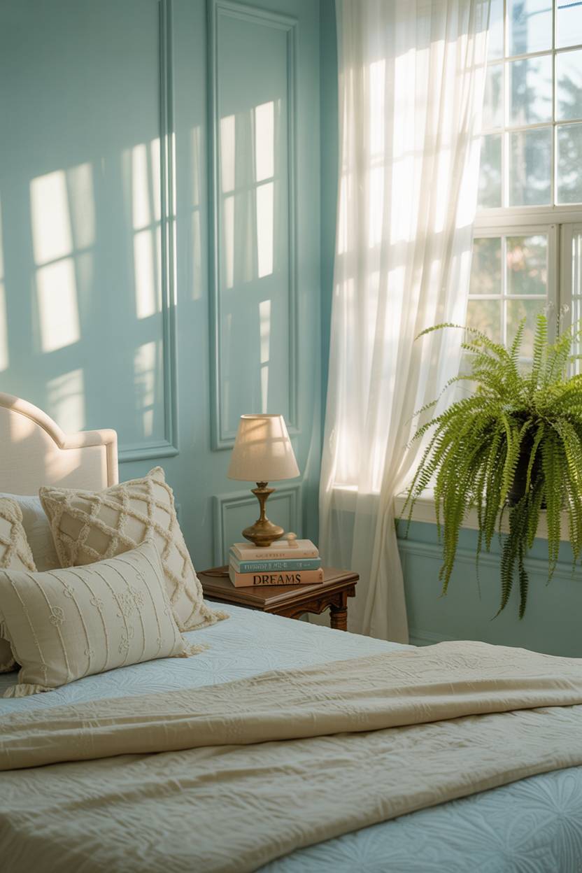 Light blue and cream bedroom with stack of books titled Dreams and potted fern