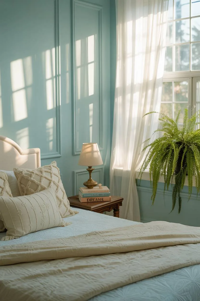 31 Blue and Cream Bedroom Ideas to Inspire Your Dream Space 15 Light blue and cream bedroom with stack of books titled Dreams and potted fern