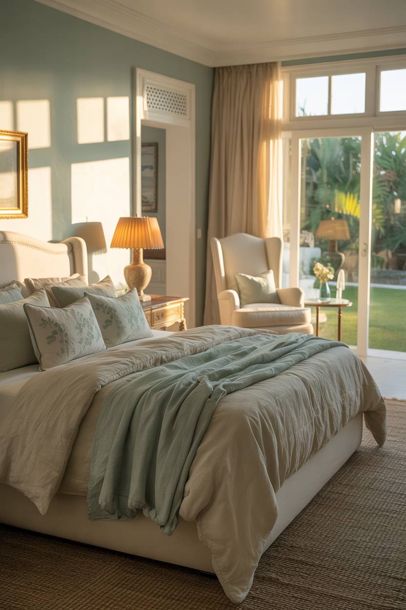 Luxury master bedroom with Tiffany & Co. lamp and cream armchair by garden window