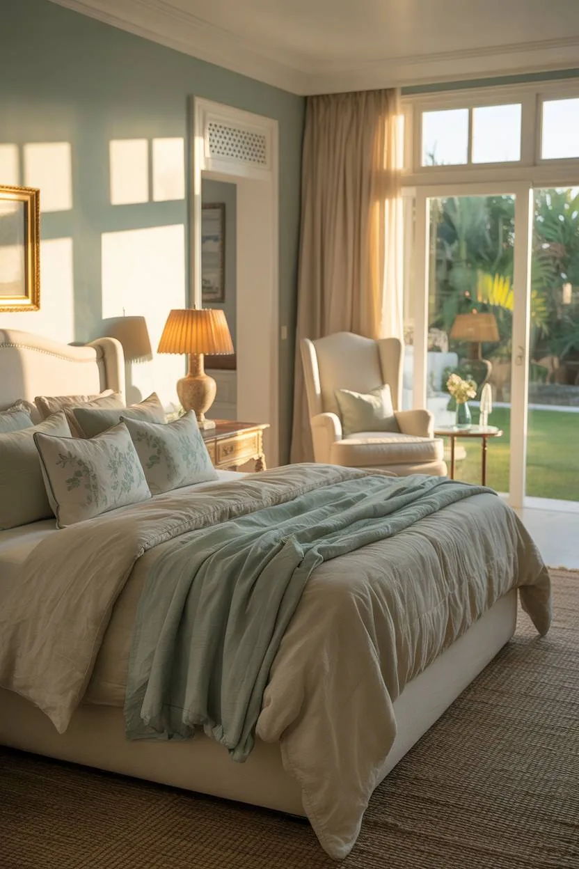 31 Blue and Cream Bedroom Ideas to Inspire Your Dream Space 16 Luxury master bedroom with Tiffany & Co. lamp and cream armchair by garden window