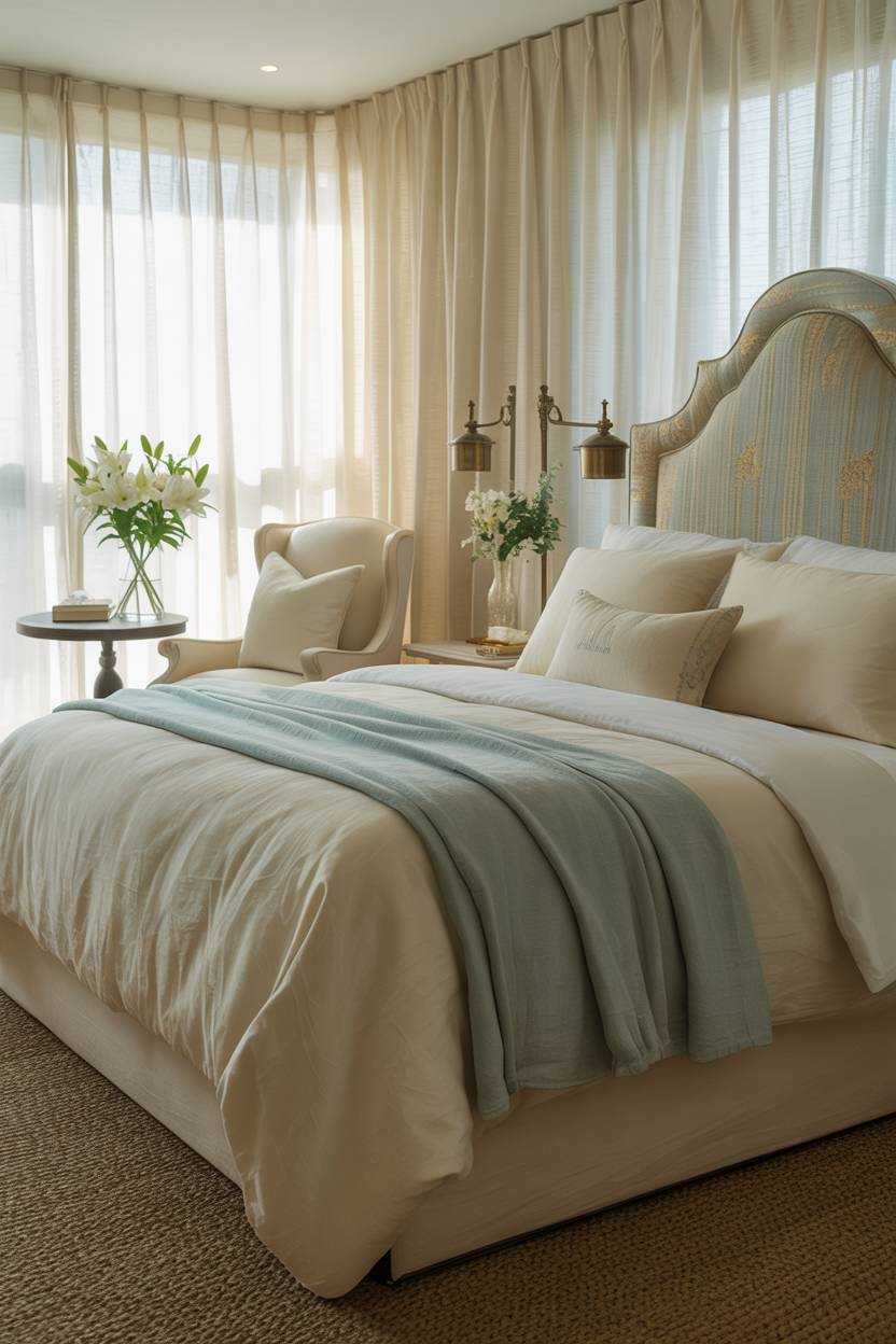 Master bedroom with gold-accented headboard, antique brass lamps, and white lilies