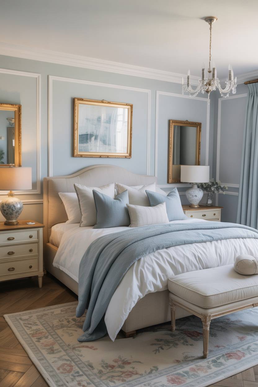 Elegant bedroom with crystal chandelier, curved headboard, and ornate floral rug
