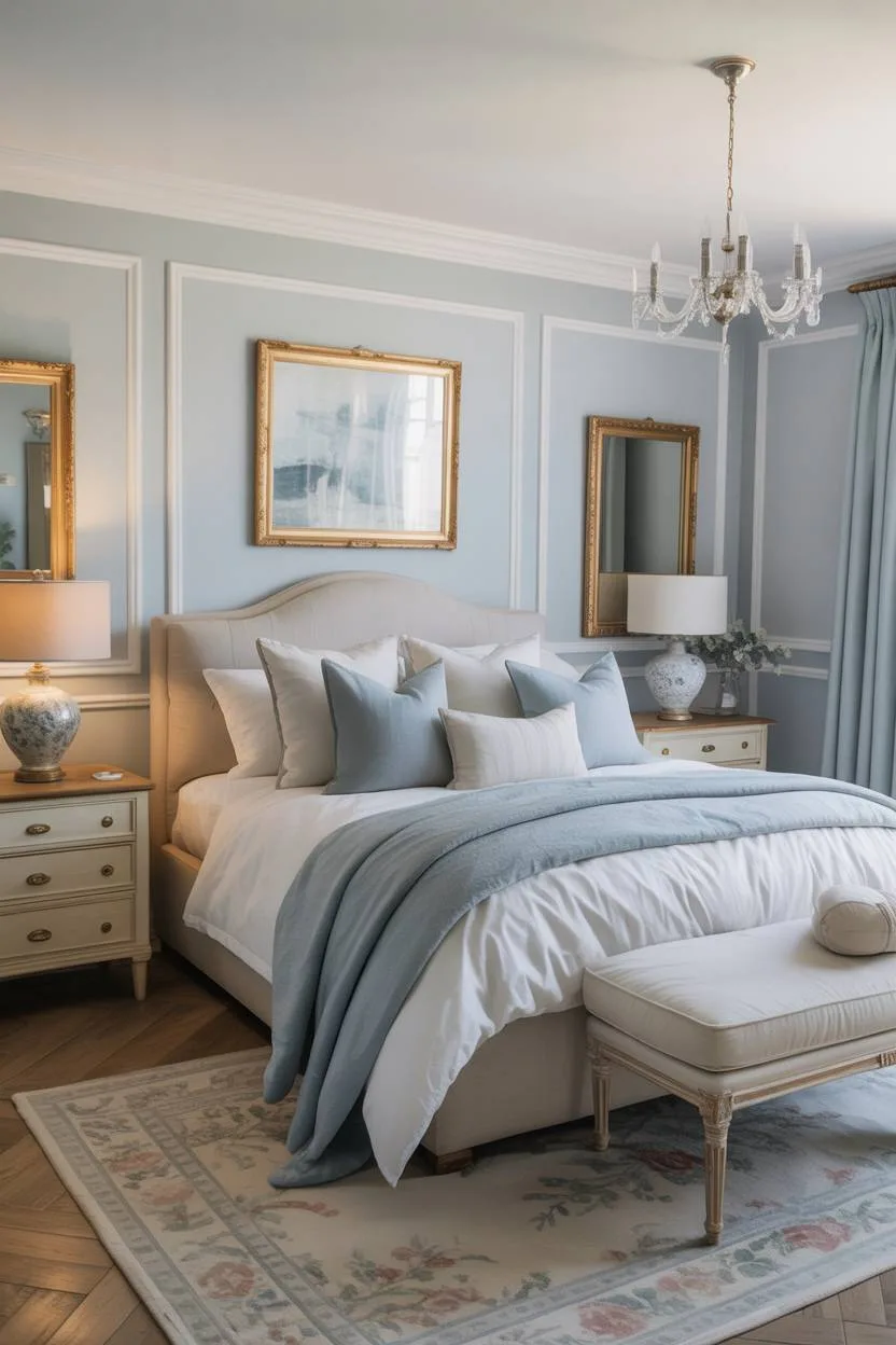 31 Blue and Cream Bedroom Ideas to Inspire Your Dream Space 18 Elegant bedroom with crystal chandelier, curved headboard, and ornate floral rug