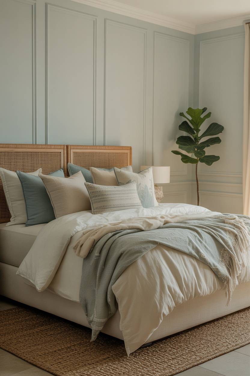 Master bedroom with pale blue walls, woven headboard, and fiddle-leaf fig tree