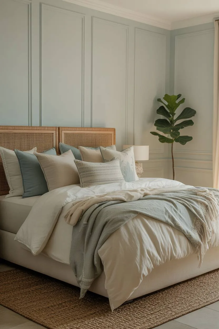31 Blue and Cream Bedroom Ideas to Inspire Your Dream Space 19 Master bedroom with pale blue walls, woven headboard, and fiddle-leaf fig tree