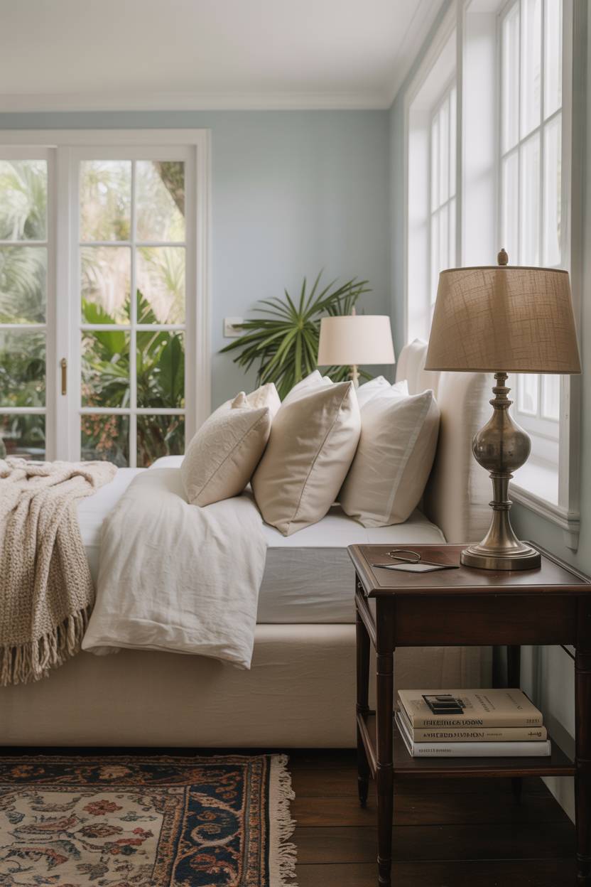 Master bedroom with pale blue walls, dark wood nightstand, and lush garden views