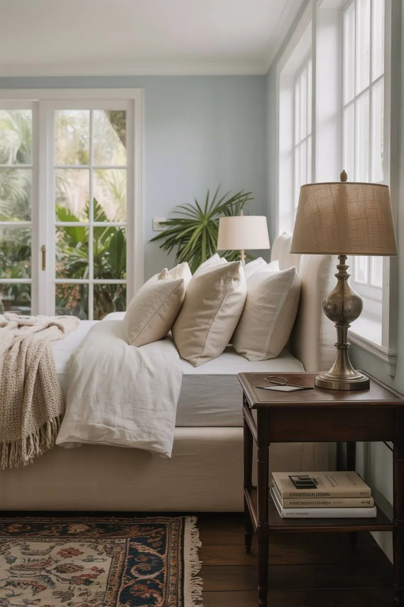 31 Blue and Cream Bedroom Ideas to Inspire Your Dream Space 20 Master bedroom with pale blue walls, dark wood nightstand, and lush garden views