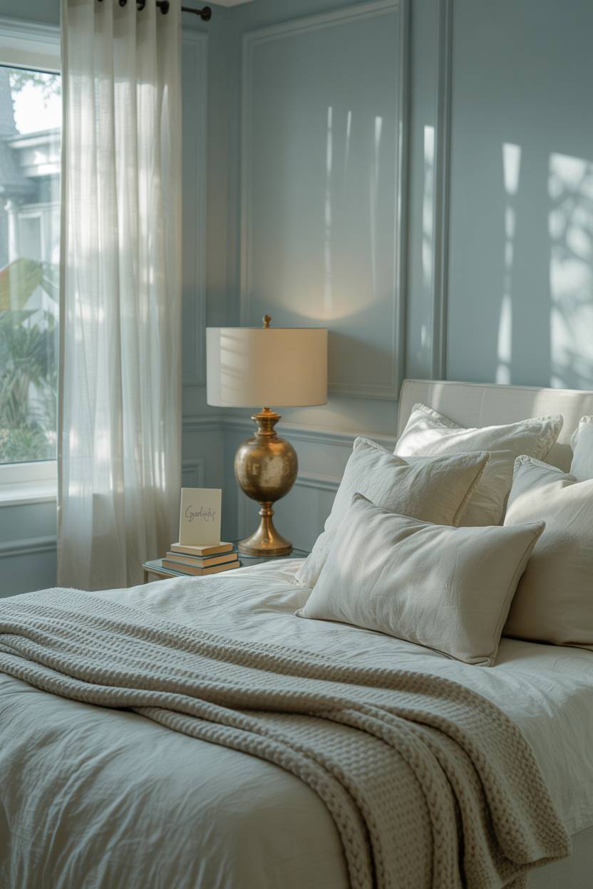 Bedroom with vintage brass lamp, stack of books with Goodnight note, and garden views