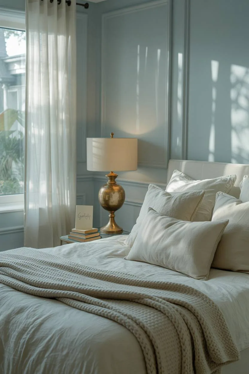 31 Blue and Cream Bedroom Ideas to Inspire Your Dream Space 21 Bedroom with vintage brass lamp, stack of books with Goodnight note, and garden views