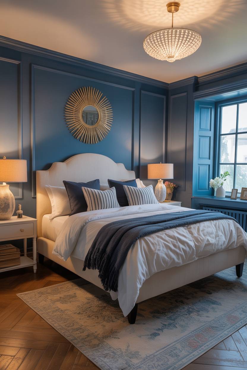 Deep blue paneled bedroom with sunburst mirror, crystal beaded light fixture, and striped pillows
