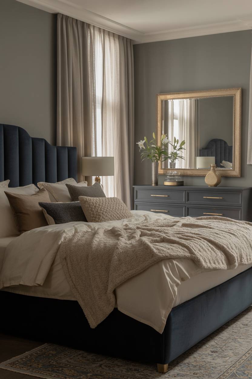Master bedroom with dark blue velvet headboard, ornate mirror, and white lilies